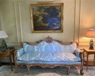 Heavily carved Italian sofa, large 19th century Barbizon style oil on canvas