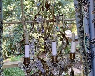 Pair French brass and crystal lamps