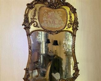 Pair French carved and Gilt mirrors with needlepoint