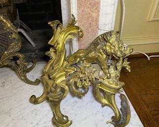 Hard to find pair of gilt bronze animal motif chenets