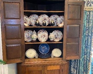 19th century corner cupboard with English and Chinese porcelain