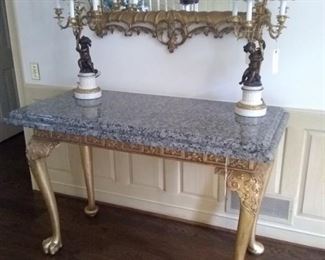 Italian gilt wood console or mixing table with marble top