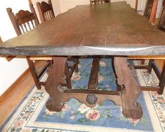 Vintage Pier One trestle table and rush seat chairs 6 