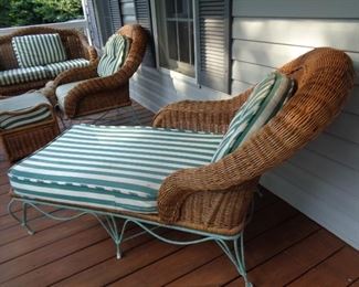 Rattan and metal Chaise, Chair and Ottoman, Love Seat with cushions
