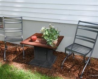 Metal Bistro Chairs $45 each (2 available) Fire pit table $25