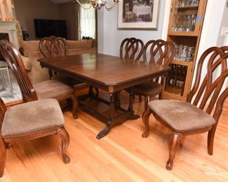 Kitchen Trestle table $450
60" x 42" x 30.5"
Set of 6 chairs, upholstered seats $595
22" x 22" 41.5" tall backs. Upholstery is in good condition, hides stains well. some dings and minor wear to finish.