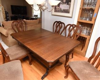 Kitchen Trestle table $450
60" x 42" x 30.5"
Set of 6 chairs, upholstered seats $595
22" x 22" 41.5" tall backs. Upholstery is in good condition, hides stains well. some dings and minor wear to finish.