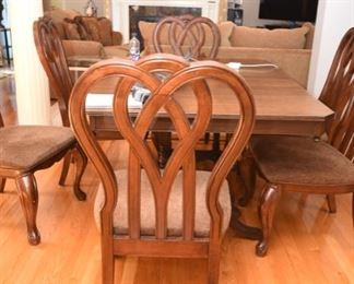 Set of 6 chairs, upholstered seats $595
22" x 22" 41.5" tall backs. Upholstery is in good condition, hides stains well. some dings and minor wear to finish.