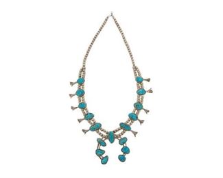 Squash Blossom Necklace w/ Sterling Silver & Turquoise Blossoms