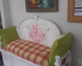 CUSTOM MADE BENCH by JOHN WIGLEY, COCOA,  UPCYCLED FROM AN ANTIQUE BED!  DISTRESSED & HAND PAINTED BY  ROBIN LANDAU (COCOA)