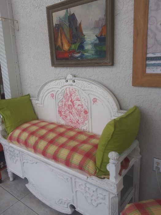 CUSTOM MADE BENCH by JOHN WIGLEY, COCOA,  UPCYCLED FROM AN ANTIQUE BED!  DISTRESSED & HAND PAINTED BY  ROBIN LANDAU (COCOA)