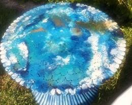 VINTAGE HAND MADE BAMBOO TABLE REPAINTED, TOP IS A HARD RESIN FINISH  by ANOTHER LOCAL TALENTED ARTIST, BRENDA, MELBOURNE BEACH!!!