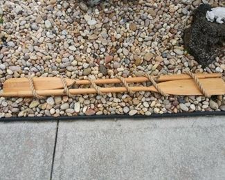 VINTAGE WOODEN OARS READY TO HANG, BRASS OARLOCKS