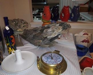 UNIQUE HAND DONE LARGE DRIFTWOOD FISH, GURGLE POTS,  NAUTICAL BRASS CLOCK