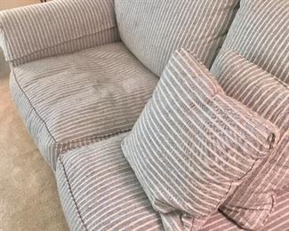 Overstuffed and very comfortable loveseat. There's no damage or stains. Excellent condition.