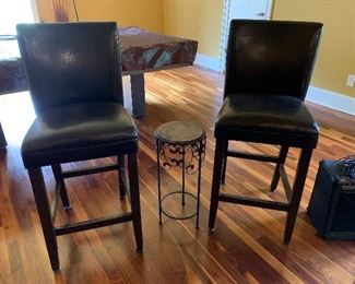#44 Lot of 2 leather bar stools 28" seat height and side table 24"H $50.00