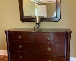 #54	Brownstone Paloma collection mahogany with walnut finish 6 drawer dresser with mirror. 67"x21"x40"	 $250.00 
