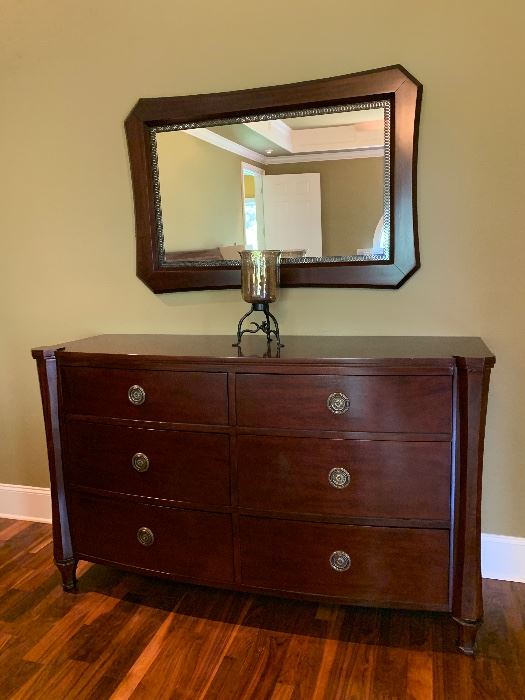 #54	Brownstone Paloma collection mahogany with walnut finish 6 drawer dresser with mirror. 67"x21"x40"	 $250.00 
