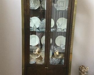 LIGHTED CHINA CABINET W/BRASS ACCENTS 79" TALL 