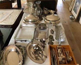 Misc silver plate serving ware and other utensils  