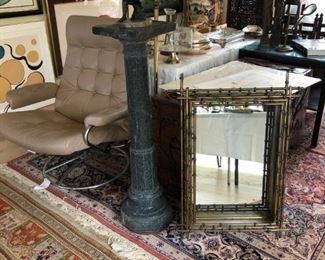Brutalist Brass Bamboo mirror one of a kind. Marble pillar with small bronze