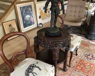 Safari themed fabric on chairs slip covered with matching fabric underneath set of 4 all different animal on each  