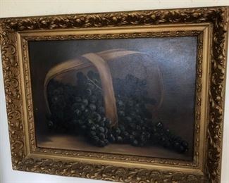 Victorian Still life grapes in a basket oil on board