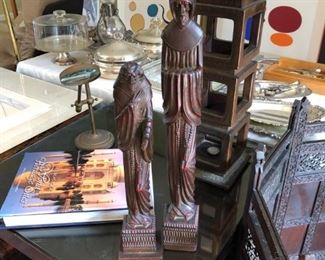 Mid Century Modern table and Lamp with carved wooden Monks 