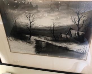 Set of 4 Charcoal Drawings Winter Landscapes by Etienne 