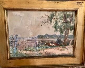 J.H. Clements Watercolor "View of the Siene with 2 Cows"  (Hung in the Metropolitan Museum of Art in 1930's)