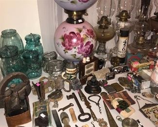 Celluloid, vintage jars, painted lamp, vintage items 