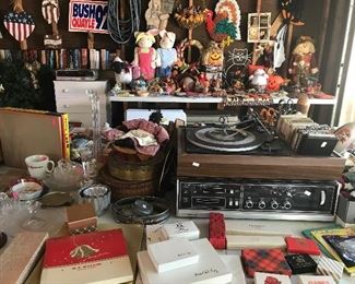 Holiday items 
Marshal field small boxes
Local store boxes 
Record player 
