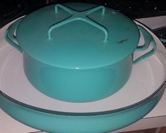 Much collectible kitchenware. Dansk Aqua "Kobenstyle" pan and dutch oven w/ lid