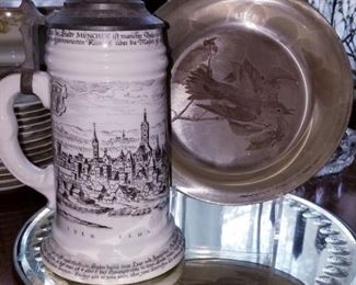 Bradford Exchange sterling plater. Vintage Munich stein with lithograph picture in bottom of the mug.