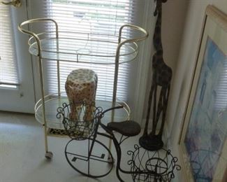 Glass & brass tea cart, bicycle planter and wood giraffe