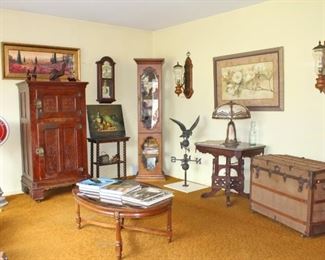 Alaska Ice Box, Curio, Waltham Clock, Twisted Leg Table, Weathervane, Slag Glass Lamp, Victorian Table, Trunk, Art, Coffee Table