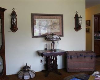 Framed Art, Wall LIghts, Victorian Marble Top Table, Antique Trunk, Antique Top Bottom Lighted Lamp