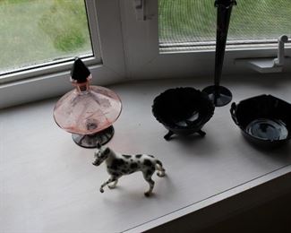 Etched Antique Perfume, Black Amethyst Dish and Vase