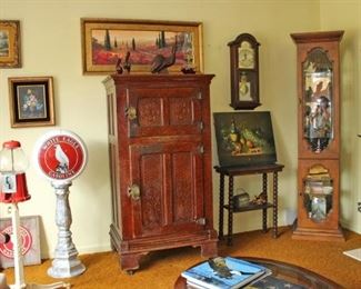Kacek Framed Art, Alaska Embossed Etched Wood Ice Box, Twisted Leg Table, White Eagle Gasline Globe, Saxon Stand Gumball, Oil Painting, Eagle Weathervane