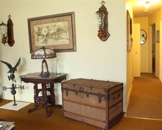 Lighted Wall Scounces, Slag Glass Lamp, Victorian Table, Eagle Weathervane, Trunk, Ara