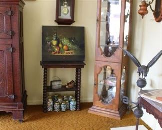 Overview Living Rm corner with Canning Jars with Marble Collection, Curio and Scounces