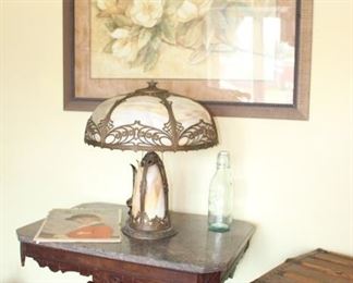 Slag Glass Lamp and Victorian Table, Cow Bottle