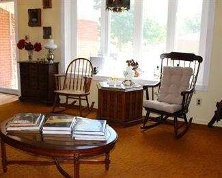 Willett Apothogary Chest, Vintage Rockers, Mid C End Table, Coffee Table, Books