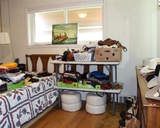 Bedroom overview, King Size Bedroom Set with a twin adjustable bed, Stools, Gloves, Hats, Purses, Cowboy Hats, Art