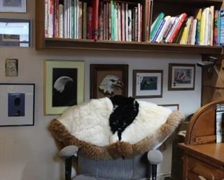 Desk Chair, Alpaca Rug, Books, Eage Framed Art