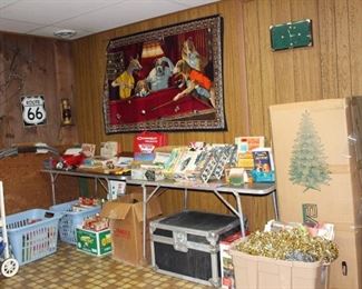 Christmas Glass Ornaments, Train, Stadium Cushions, Drum or other Storage Trunk, Christmas Tree, Rte 66 Sign, Garland, Pool Table Clock