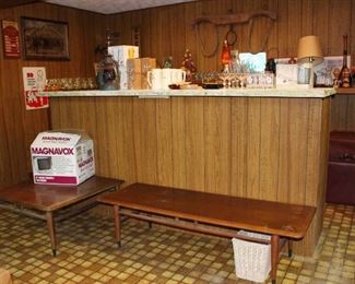 Mid Century  Lane Table & Window Bench Coffee Table, Bar Items, Mugs, Steins, Lamp, Ox Harness, Signs, Lanterns, TV NOS, More