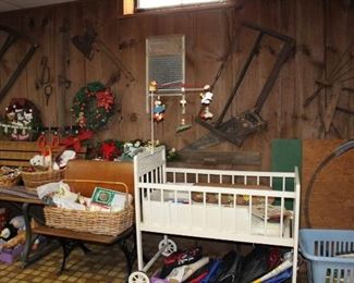 Vintage Bassinet, Christmas, School Desks with Cast Iron Scrolling on side, Primitive Tools