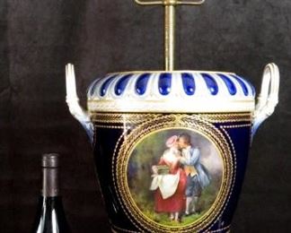 MASSIVE KPM (Königliche Porzellan-Manufaktur Berlin) HANDLED URN-FORM PARCEL GILT PORCELAIN LAMP WITH FLORAL AND COURTING SCENES