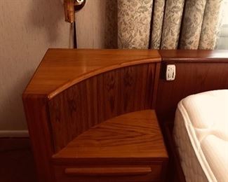 Vintage Mid-Century Modern Bernhard Pederson & Sons (BPS) headboard, platform bed with attaching tambour night stands.